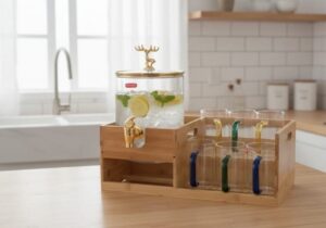 Luxury Glass Beverage Dispenser Set with Wooden Stand