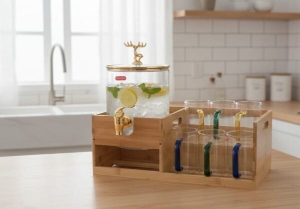 5 Luxury Glass Beverage Dispenser Set with Wooden Stand