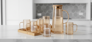 Premium Amber Glass Water Jug Set with 6 Mugs