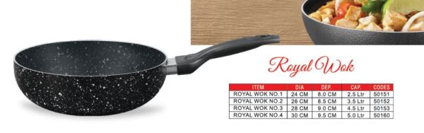 Sonex Royal Non-Stick Marble Coated Wok – Deep Frying Pan with Long Handle (24cm–30cm | 2.5L–5L Capacity)