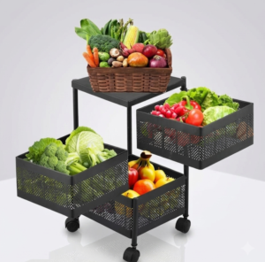 3 Layer Square Fruits & Vegetables Storage Rack with Wheels – Heavy Duty Kitchen Storage Stand