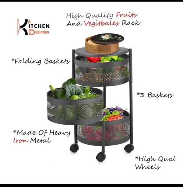 3 Tier Kitchen Designer Fruits & Vegetables Storage Rack with Wheels – Heavy Iron Folding Basket Stand