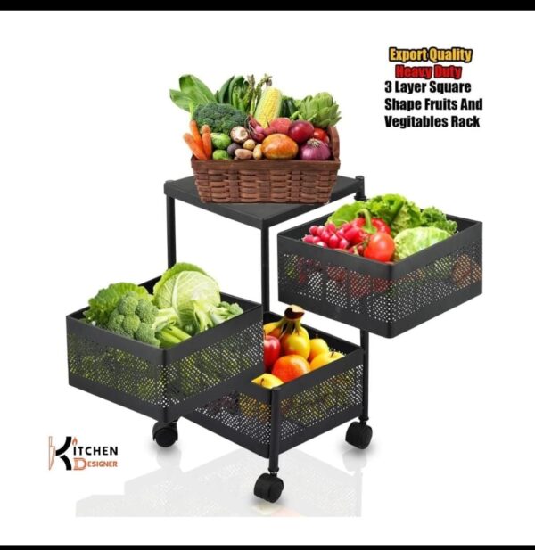 3 Layer Square Fruits & Vegetables Storage Rack with Wheels – Heavy Duty Kitchen Storage Stand