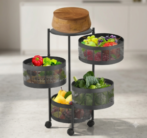 4-Tier Rolling Fruits & Vegetables Storage Rack – Heavy Iron Metal Kitchen Organizer with Wheels & Folding Baskets