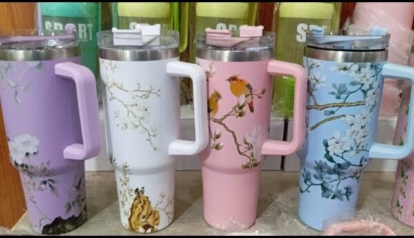 Floral Printed Insulated Stainless Steel Tumbler 40oz with Handle & Straw – Aesthetic Travel Mug for Hot & Cold Drinks