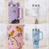 Floral Printed Insulated Stainless Steel Tumbler 40oz with Handle & Straw – Aesthetic Travel Mug for Hot & Cold Drinks