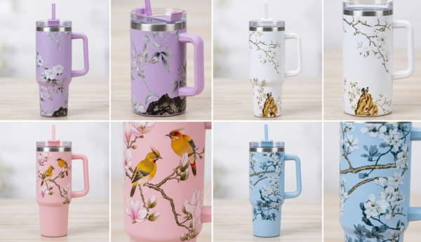 Floral Printed Insulated Stainless Steel Tumbler 40oz with Handle & Straw – Aesthetic Travel Mug for Hot & Cold Drinks