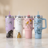 Floral Printed Insulated Stainless Steel Tumbler 40oz with Handle & Straw – Aesthetic Travel Mug for Hot & Cold Drinks