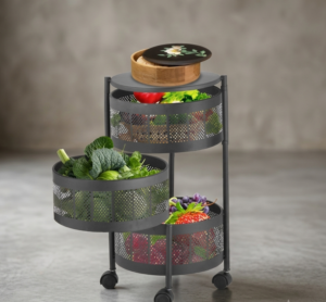 3-Tier Rolling Fruit & Vegetable Basket Rack – Heavy Iron Kitchen Storage Organizer with Wheels