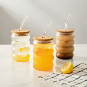 53 Ripple Glass Drinking Jar with Bamboo Lid & Straw – Stylish Juice & Beverage Cup