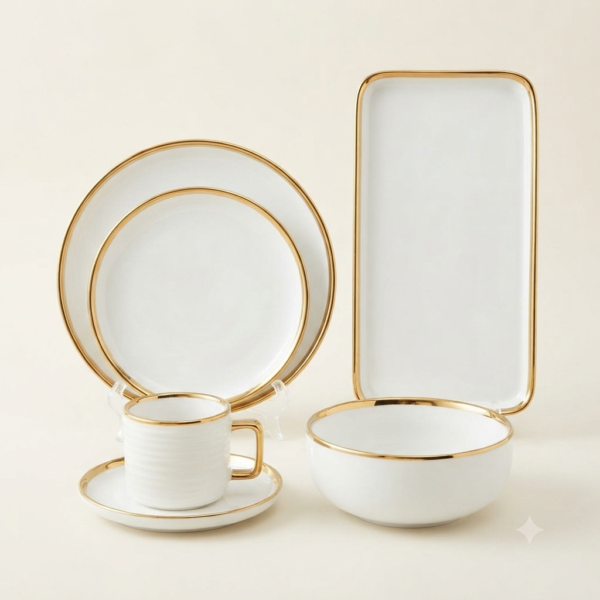 62 Luxury White & Gold Ceramic Dinnerware Set – Premium Dining Collection
