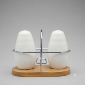 Elegant Ceramic Salt & Pepper Shaker Set with Wooden Base & Metal Holder