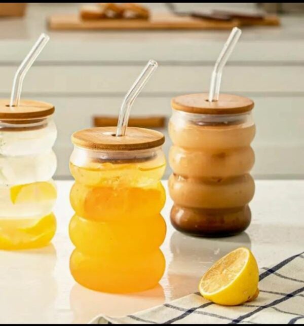 Ripple Glass Drinking Jar with Bamboo Lid & Straw – Stylish Juice & Beverage Cup