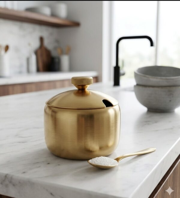 WhatsApp Image 2026-06-29 at 2.45.23 PM (1) Luxury Gold Sugar Bowl with Lid & Spoon – Premium Kitchen Storage Container