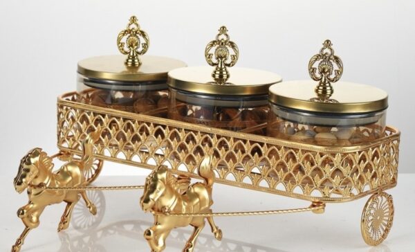 WhatsApp Image 2026-06-29 at 2.47.49 PM Luxury Gold Horse Cart 3-Piece Glass Jar Set with Decorative Stand