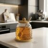 11 Glass Honey Jar with Wooden Dipper & Lid – Clear Honey Storage Container with Wooden Base