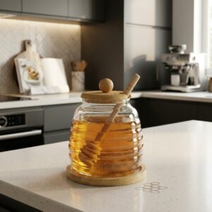 Glass Honey Jar with Wooden Dipper & Lid – Clear Honey Storage Container with Wooden Base