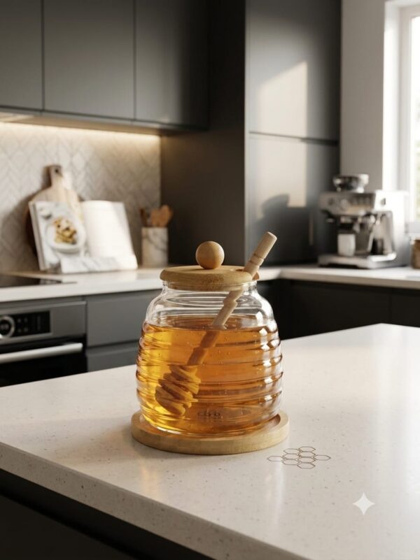 11.11 Glass Honey Jar with Wooden Dipper & Lid – Clear Honey Storage Container with Wooden Base