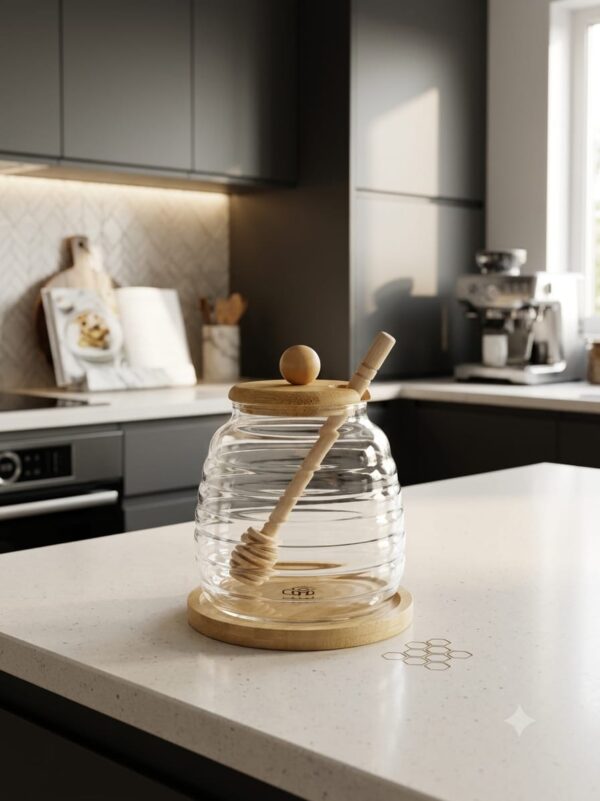 11.12 Glass Honey Jar with Wooden Dipper & Lid – Clear Honey Storage Container with Wooden Base