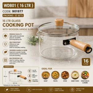 16L Borosilicate Glass Cooking Pot with Wooden Handle & Lid – Heat Resistant Gas Stove Cooking Pan
