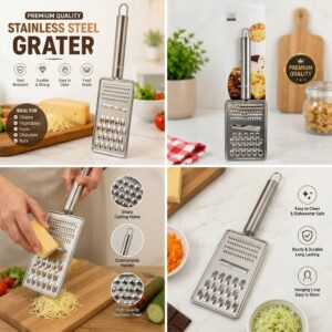 13 Premium Stainless Steel Grater – 4-Sided Kitchen Cheese & Vegetable Grater with Comfortable Handle