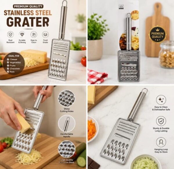 13.13 Premium Stainless Steel Grater – 4-Sided Kitchen Cheese & Vegetable Grater with Comfortable Handle