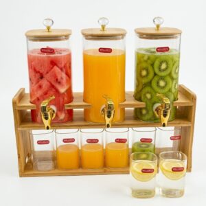 3-Tier Glass Juice Dispenser Set with Wooden Stand & Gold Taps – Beverage Drink Dispenser for Parties & Events