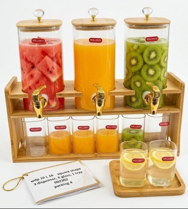14.14 3-Tier Glass Juice Dispenser Set with Wooden Stand & Gold Taps – Beverage Drink Dispenser for Parties & Events