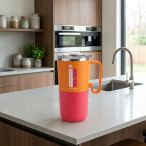 Insulated Travel Tumbler with Handle – Orange & Pink Stainless Steel Coffee Cup with Leak-Resistant Lid