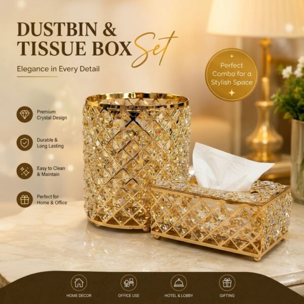 Luxury Gold Crystal Dustbin & Tissue Box Set
