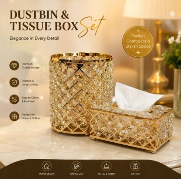 Luxury Gold Crystal Dustbin & Tissue Box Set