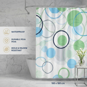 18 Waterproof PEVA Printed Shower Curtain with Hooks – 180 x 180 cm (Colorful Circles Design)