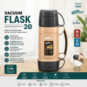 450ml Vacuum Flask Stainless Steel Thermos – Insulated Hot & Cold Water Bottle with Leak-Proof Design, Cup Lid & Comfortable Handle