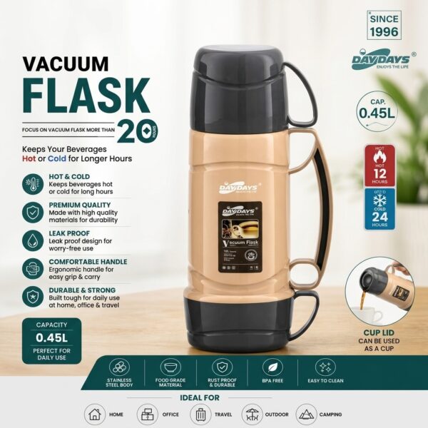 450ml Vacuum Flask Stainless Steel Thermos – Insulated Hot & Cold Water Bottle with Leak-Proof Design, Cup Lid & Comfortable Handle