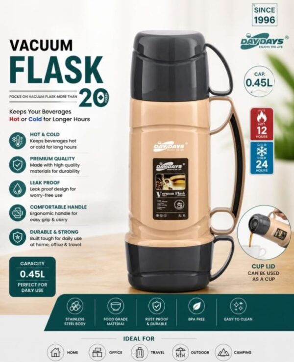 450ml Vacuum Flask Stainless Steel Thermos – Insulated Hot & Cold Water Bottle with Leak-Proof Design, Cup Lid & Comfortable Handle