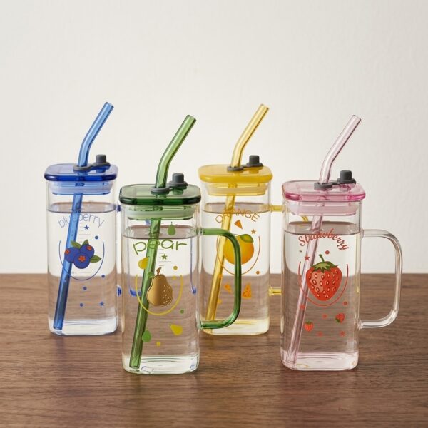 25 Fruit Print Tumbler Cup with Straw and Lid – Reusable Drinking Cup with Handle for Juice, Water, Milk & Cold Beverages