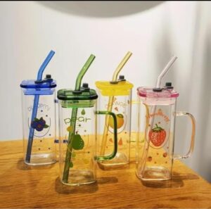 Fruit Print Tumbler Cup with Straw and Lid – Reusable Drinking Cup with Handle for Juice, Water, Milk & Cold Beverages