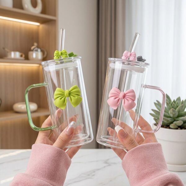 26 Cute Bow Design Tumbler Cup with Straw & Lid – Reusable Drinking Cup with Handle for Water, Juice, Iced Coffee & Cold Beverages