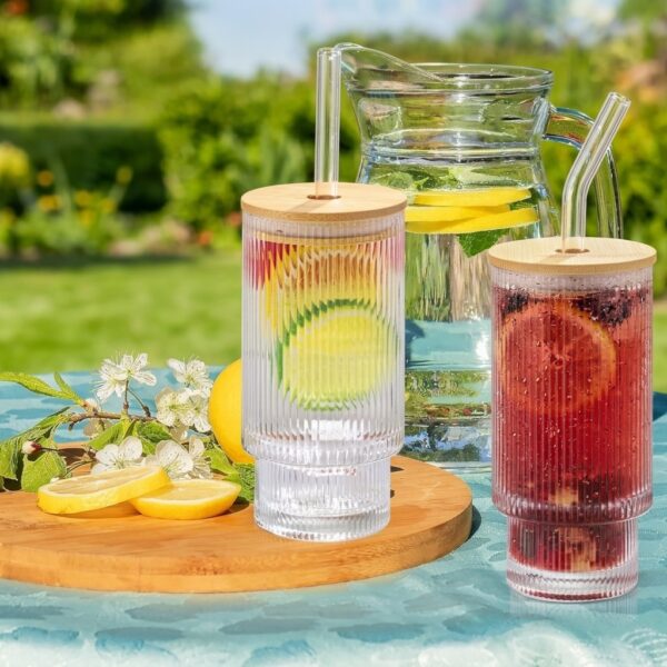 27 Ribbed Glass Tumbler with Bamboo Lid & Straw – Reusable Drinking Cup for Water, Juice, Iced Coffee, Smoothies & Cold Beverages