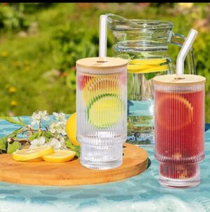 27.27 Ribbed Glass Tumbler with Bamboo Lid & Straw – Reusable Drinking Cup for Water, Juice, Iced Coffee, Smoothies & Cold Beverages