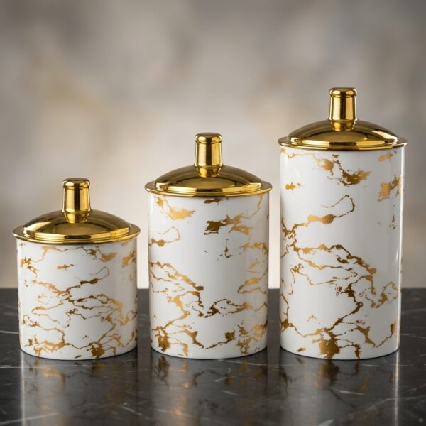 White & Gold Marble Storage Canister Set with Lids – Elegant Kitchen Containers for Sugar, Tea, Coffee, Spices & Dry Food