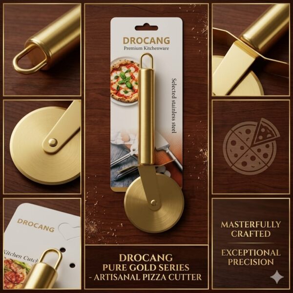 3.3 DROCANG Pure Gold Series Stainless Steel Pizza Cutter – Premium Gold Pizza Wheel Cutter for Kitchen