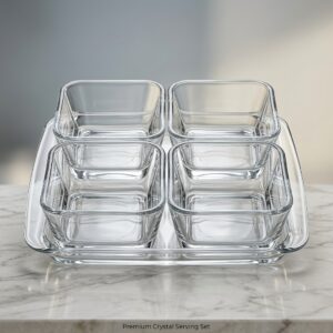 32 Premium Crystal Glass Serving Set – 4-Piece Square Dessert & Snack Bowls with Tray