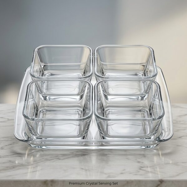32 Premium Crystal Glass Serving Set – 4-Piece Square Dessert & Snack Bowls with Tray