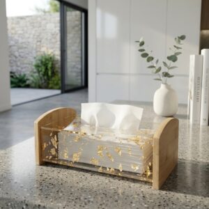 Elegant Wooden Tissue Box Holder – Decorative Acrylic Tissue Dispenser with Gold Leaf Design
