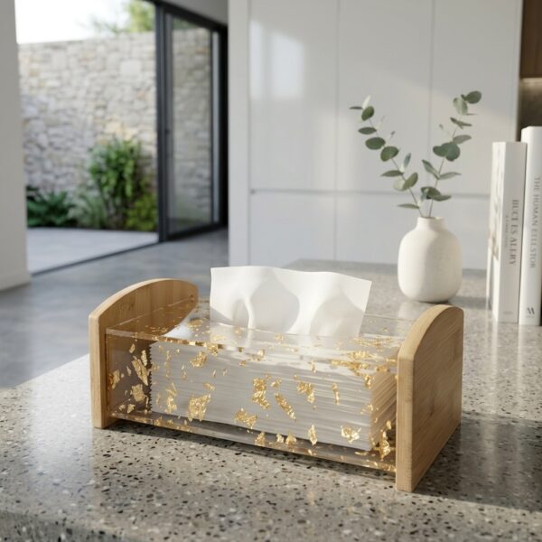 34 Elegant Wooden Tissue Box Holder – Decorative Acrylic Tissue Dispenser with Gold Leaf Design