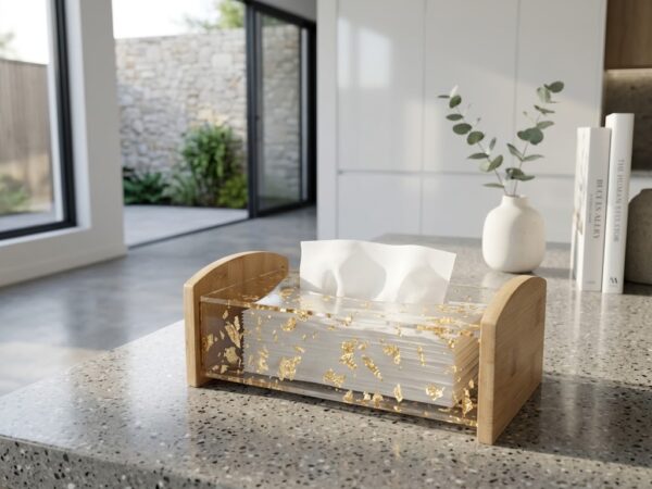 34.34 Elegant Wooden Tissue Box Holder – Decorative Acrylic Tissue Dispenser with Gold Leaf Design