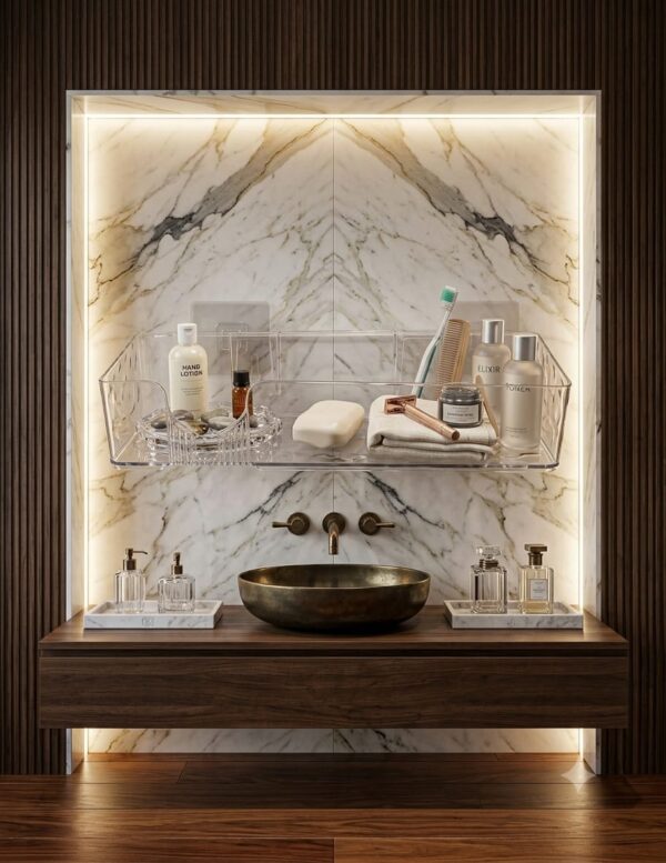4.4 Clear Acrylic Bathroom Storage Organizer with Wall-Mounted Adhesive Holder – Shower & Vanity Organizer