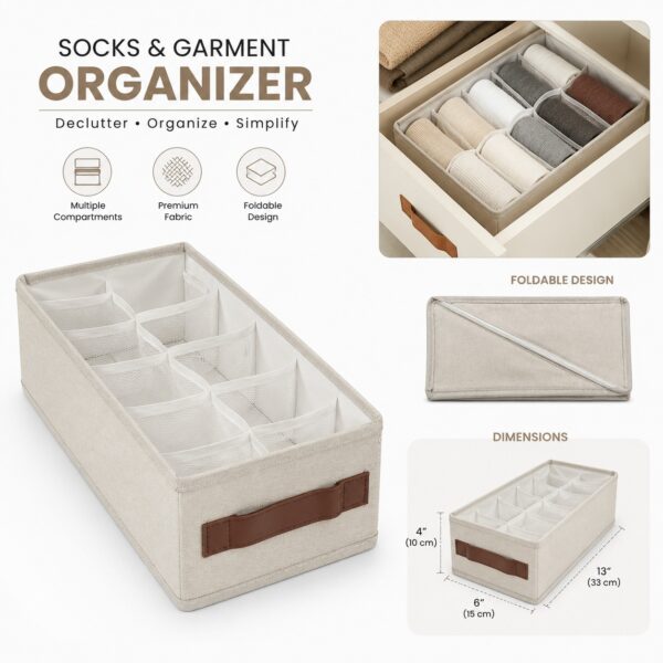 WhatsApp Image 2026-07-17 at 4.36.13 PM FoldEase™ Fabric Socks & Garment Drawer Organizer – 10 Compartment Storage Box