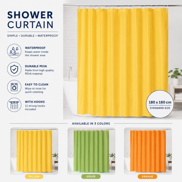 Waterproof PEVA Shower Curtain with Hooks – 180 × 180 cm Bathroom Curtain